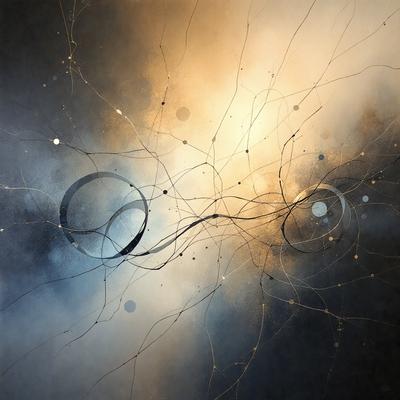 The primary subject of the image is a painting featuring a blue background with a yellow and black swirl pattern. The setting is a canvas, and the visual style is a combination of digital art and illustration. The dominant colors are blue, yellow, and black, creating a vibrant and dynamic atmosphere.